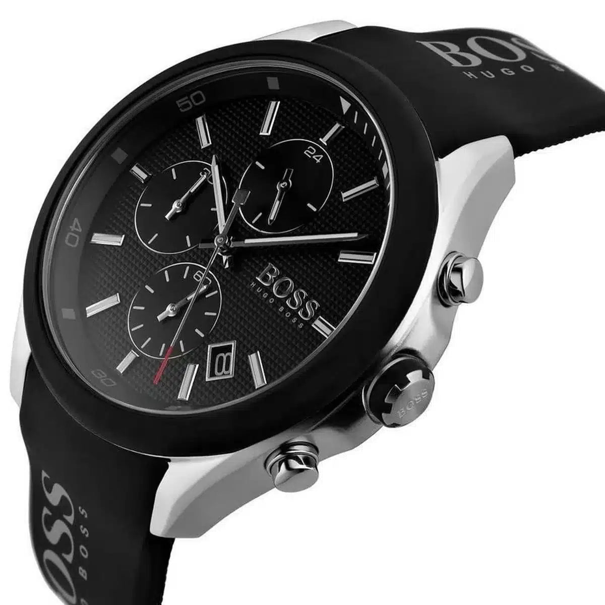 Side profile view showing the case thickness of the Hugo Boss Velocity 1513716 watch.