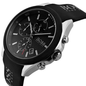 Side profile view showing the case thickness of the Hugo Boss Velocity 1513716 watch.
