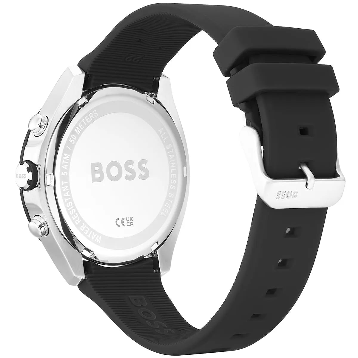 Black watch with silver case and white face on a white background