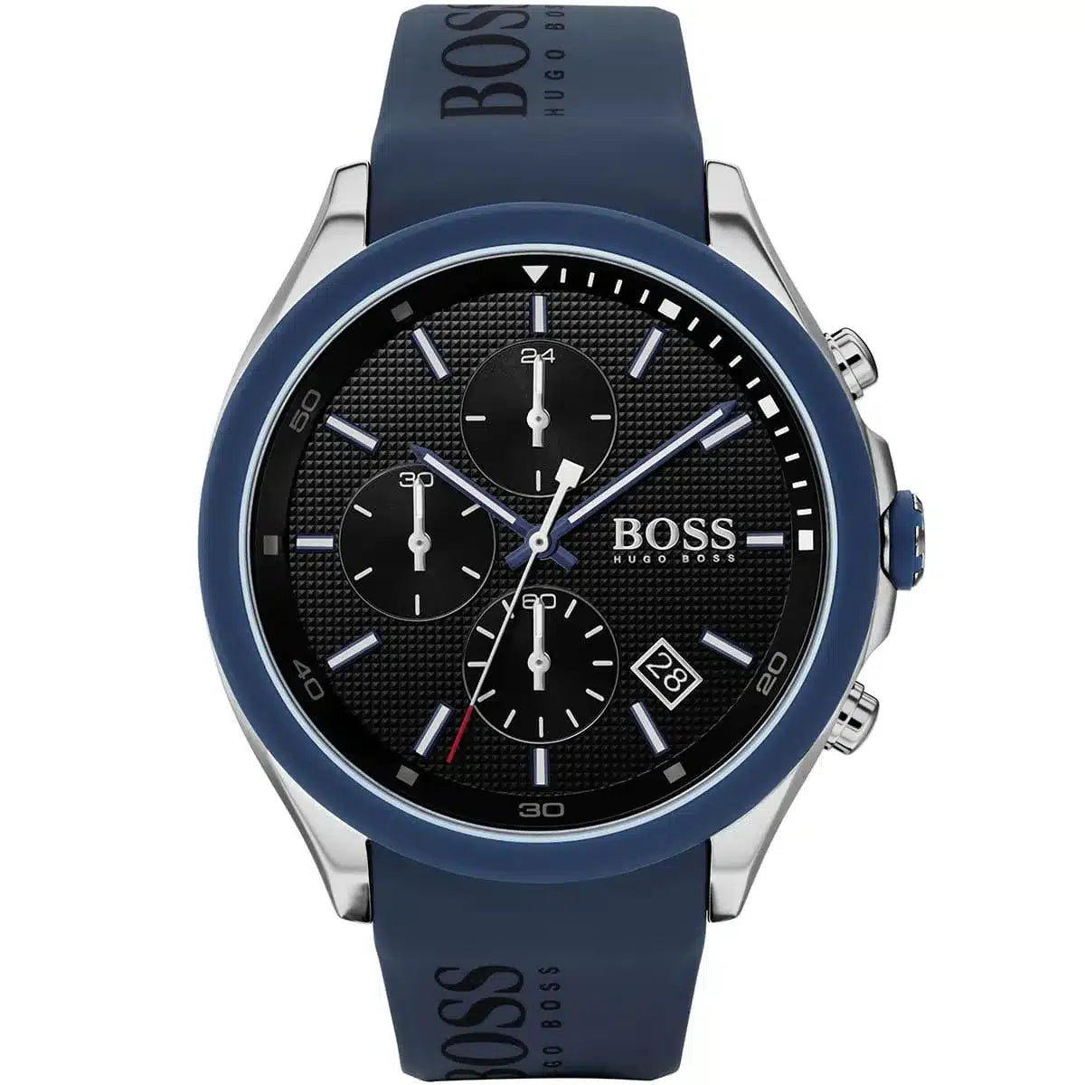 Hugo Boss Velocity 1513717 men's chronograph watch with silver case and blue rubber strap