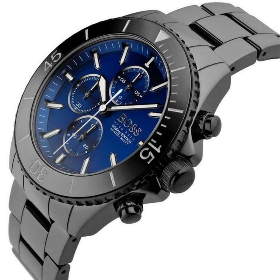 Left angled view of Hugo Boss Ocean Edition 1513743 showing blue dial detail and black link bracelet water resistant 100m