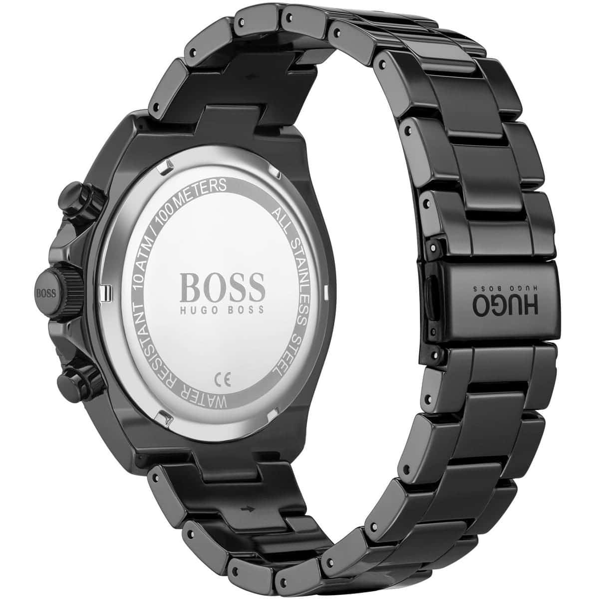 Caseback of Hugo Boss Ocean Edition 1513743 showing technical specs blue dial and black metal strap 100m water resistance