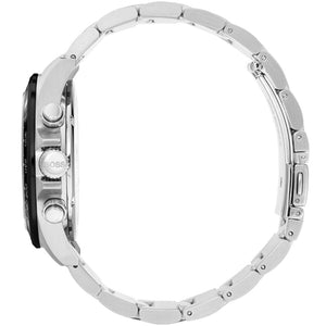 Left angled view of Hugo Boss Hero 1513757 showing black dial detail and two-tone link bracelet water resistant 50m