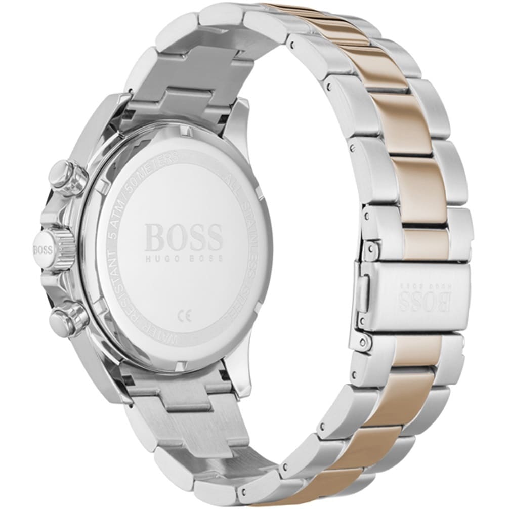 Caseback of Hugo Boss Hero 1513757 showing technical specs black dial and two-tone metal strap 50m water resistance