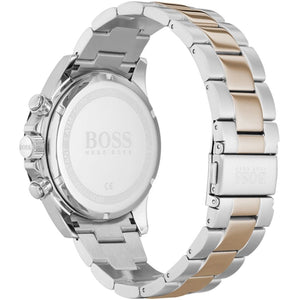 Caseback of Hugo Boss Hero 1513757 showing technical specs black dial and two-tone metal strap 50m water resistance
