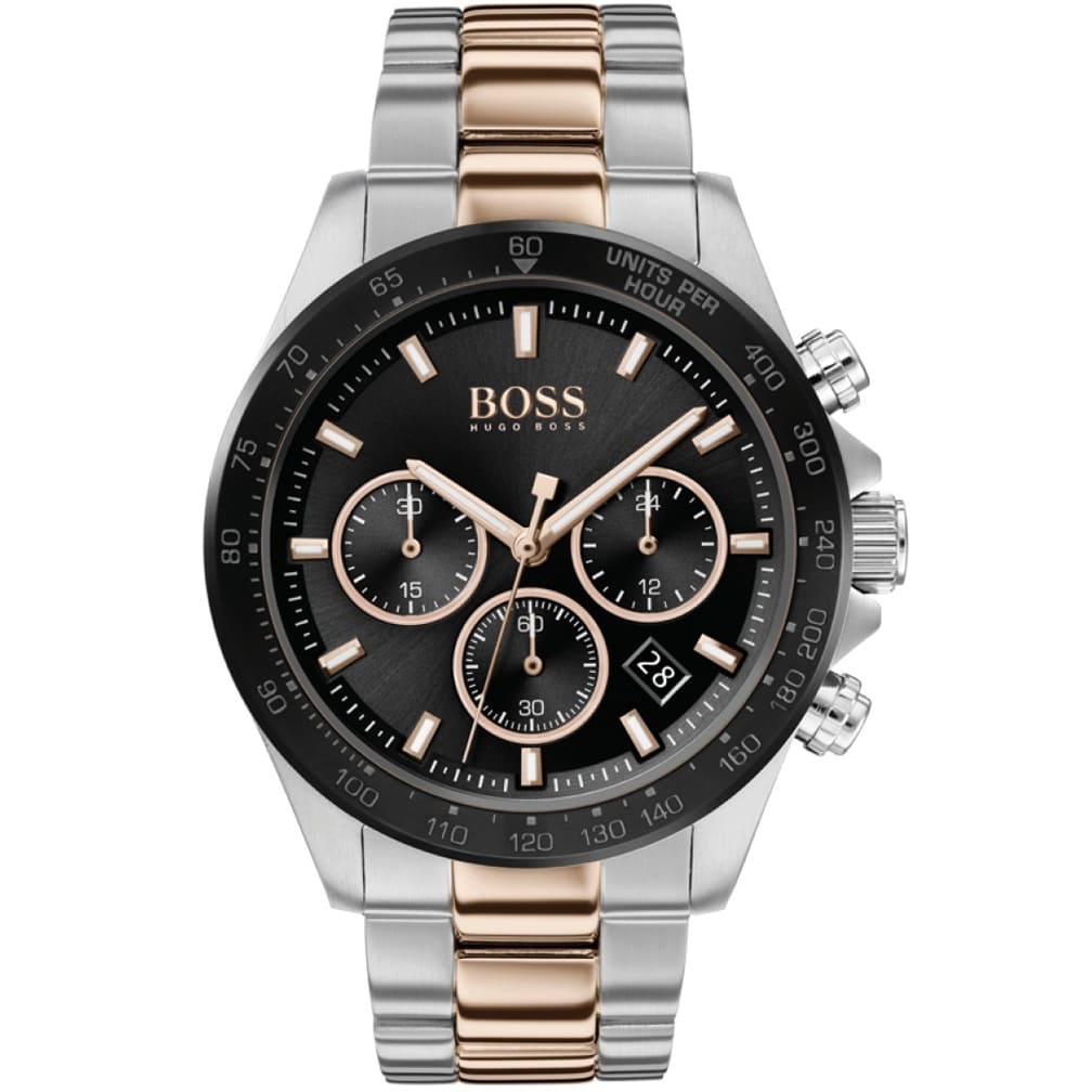 Hugo Boss Hero 1513757 men's watch with black dial, two-tone metal strap, and 50m water resistance main view