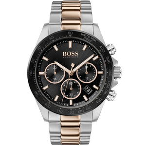Hugo Boss Hero 1513757 men's watch with black dial, two-tone metal strap, and 50m water resistance main view