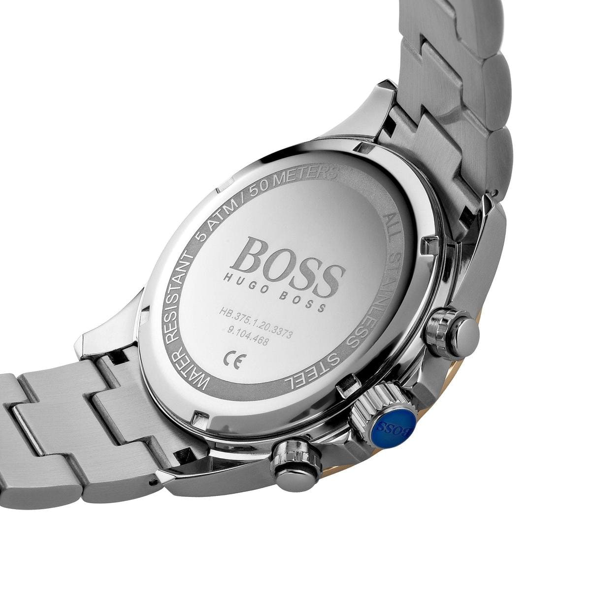 Caseback of Hugo Boss Hero 1513757 showing technical specs black dial and two-tone metal strap 50m water resistance
