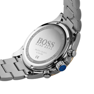 Caseback of Hugo Boss Hero 1513757 showing technical specs black dial and two-tone metal strap 50m water resistance