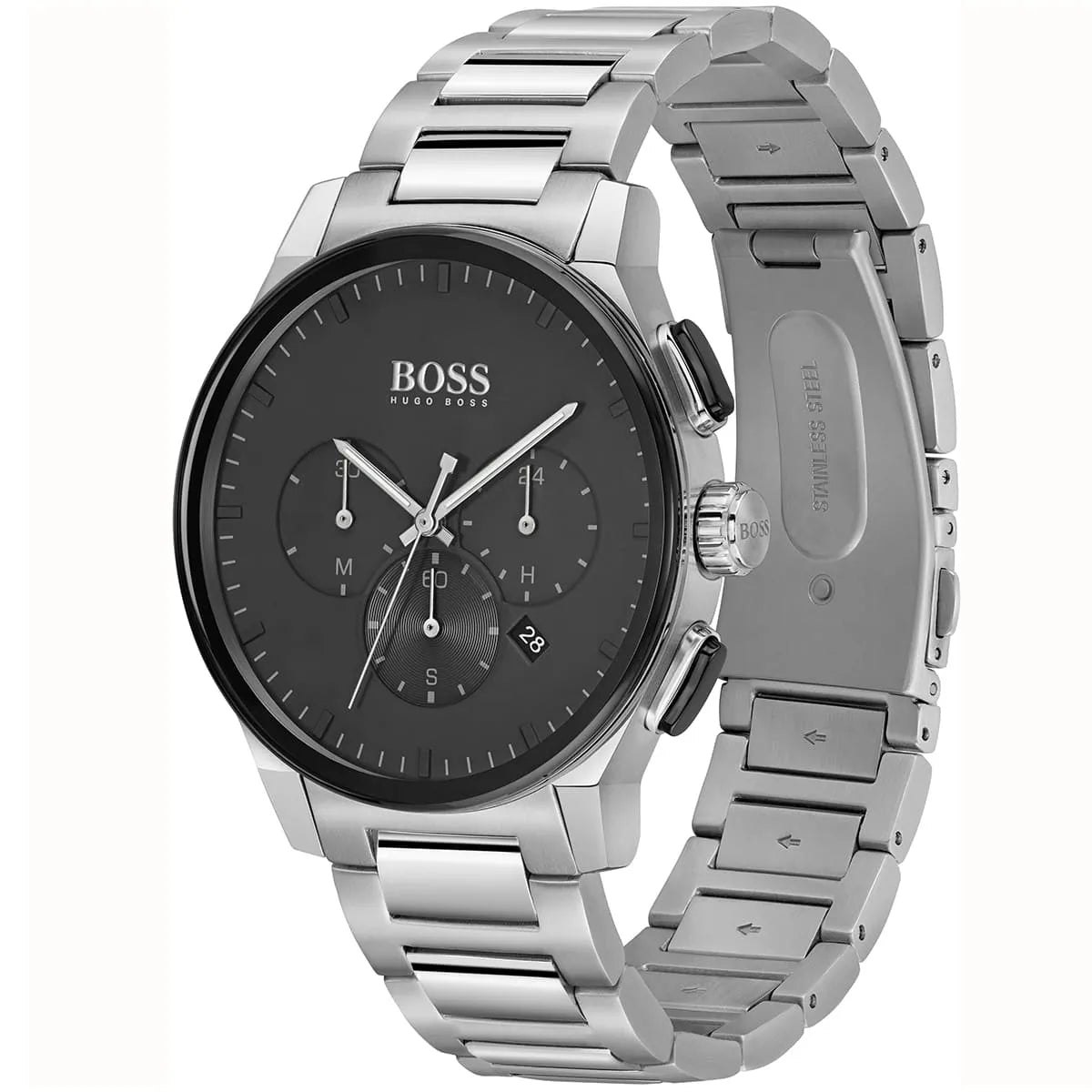 Left angled view of Hugo Boss Peak 1513762 men's quartz battery watch showing silver link bracelet and sleek case profile