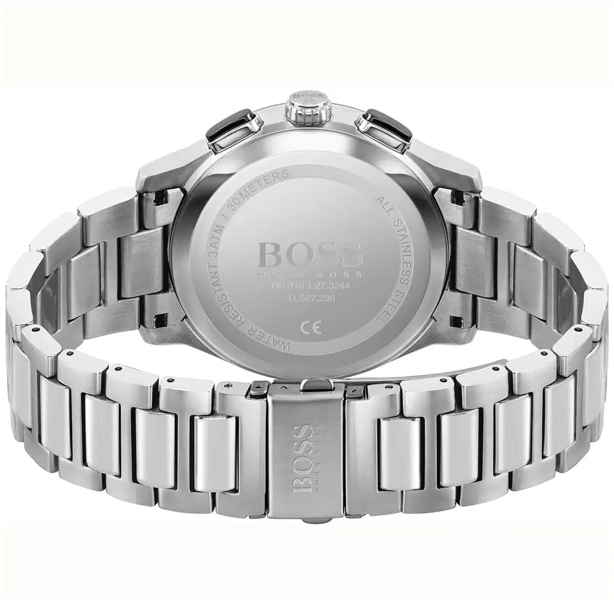 Caseback of Hugo Boss Peak 1513762 men's quartz battery watch showing technical specs 30m water resistance and metal strap