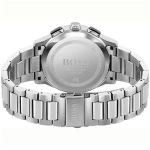 Caseback of Hugo Boss Peak 1513762 men's quartz battery watch showing technical specs 30m water resistance and metal strap
