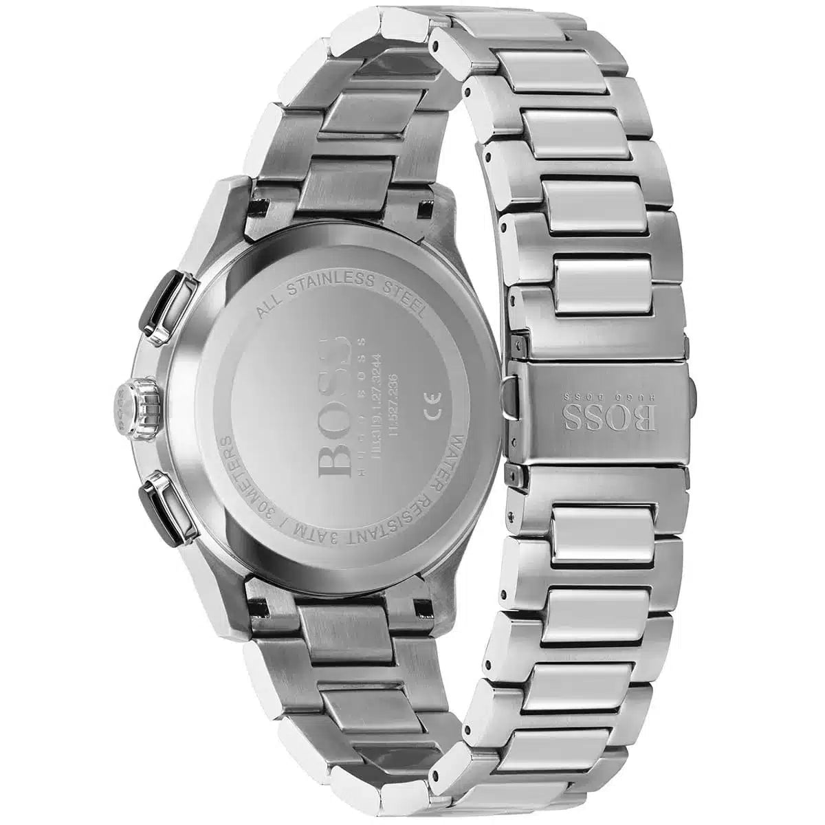Caseback of Hugo Boss Peak 1513762 men's quartz battery watch showing technical specs 30m water resistance and metal strap