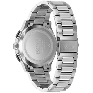 Caseback of Hugo Boss Peak 1513762 men's quartz battery watch showing technical specs 30m water resistance and metal strap