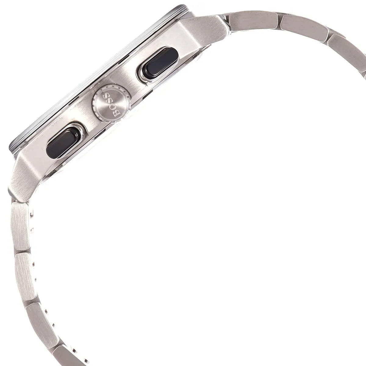 Detailed view of silver-tone crown and professional pushers on Hugo Boss Peak 1513762 men's quartz battery watch