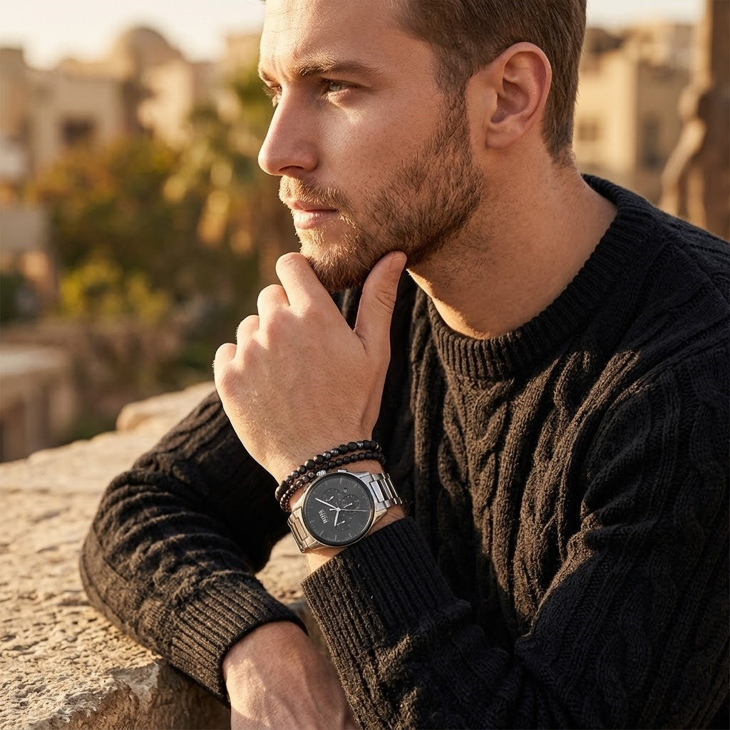 Elegant man wearing Hugo Boss Peak 1513762 men's quartz battery watch with silver case and luxury charcoal Black dial