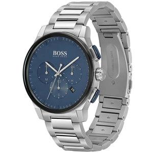 Left angled view of Hugo Boss Peak 1513763 showing blue dial detail and silver link bracelet water resistant 50m