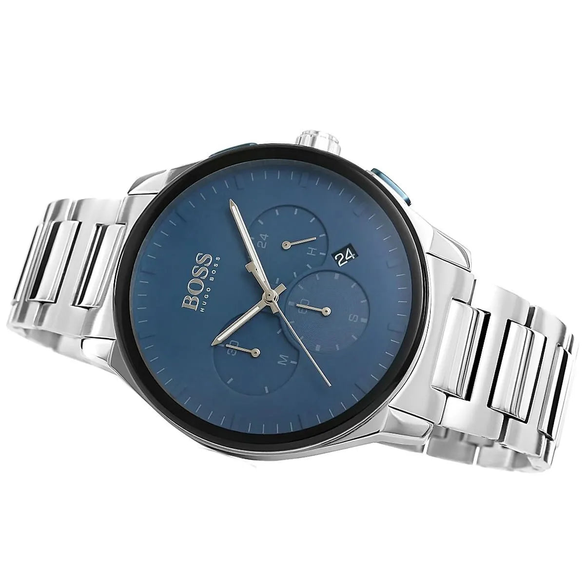 Right angled view of Hugo Boss Peak 1513763 highlighting blue dial and blue tachymeter bezel 50m water resistance