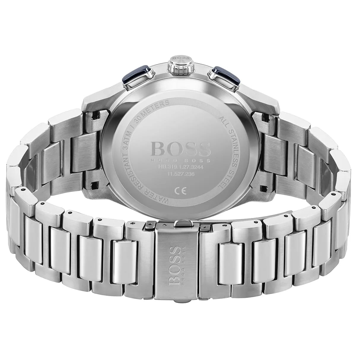 Caseback of Hugo Boss Peak 1513763 showing technical specs blue dial and silver metal strap 50m water resistance