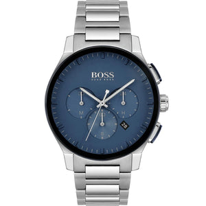 Hugo Boss Peak 1513763 men's watch with blue dial, silver metal strap, and 50m water resistance main view
