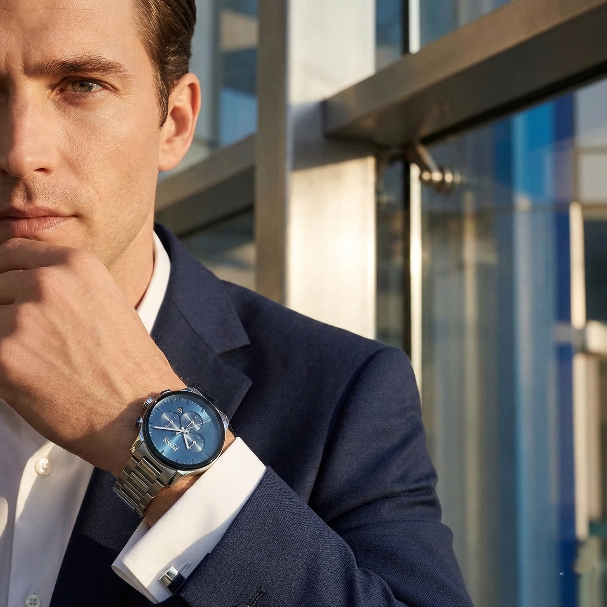 Close up of Hugo Boss Peak 1513763 on wrist showing blue dial and silver metal strap with 50m water resistance