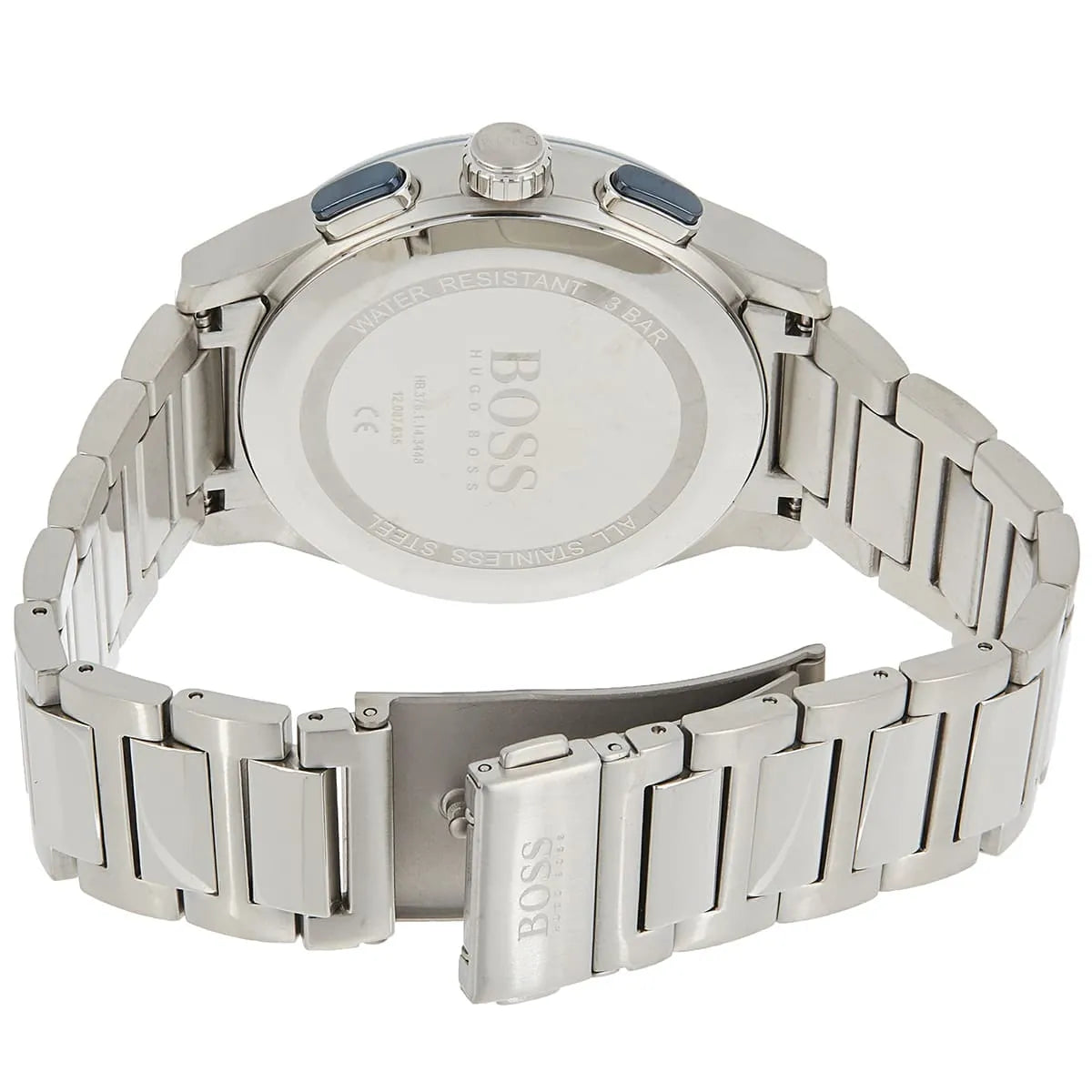 Silver metal deployment clasp on Hugo Boss Peak 1513763 blue dial watch water resistant 50m