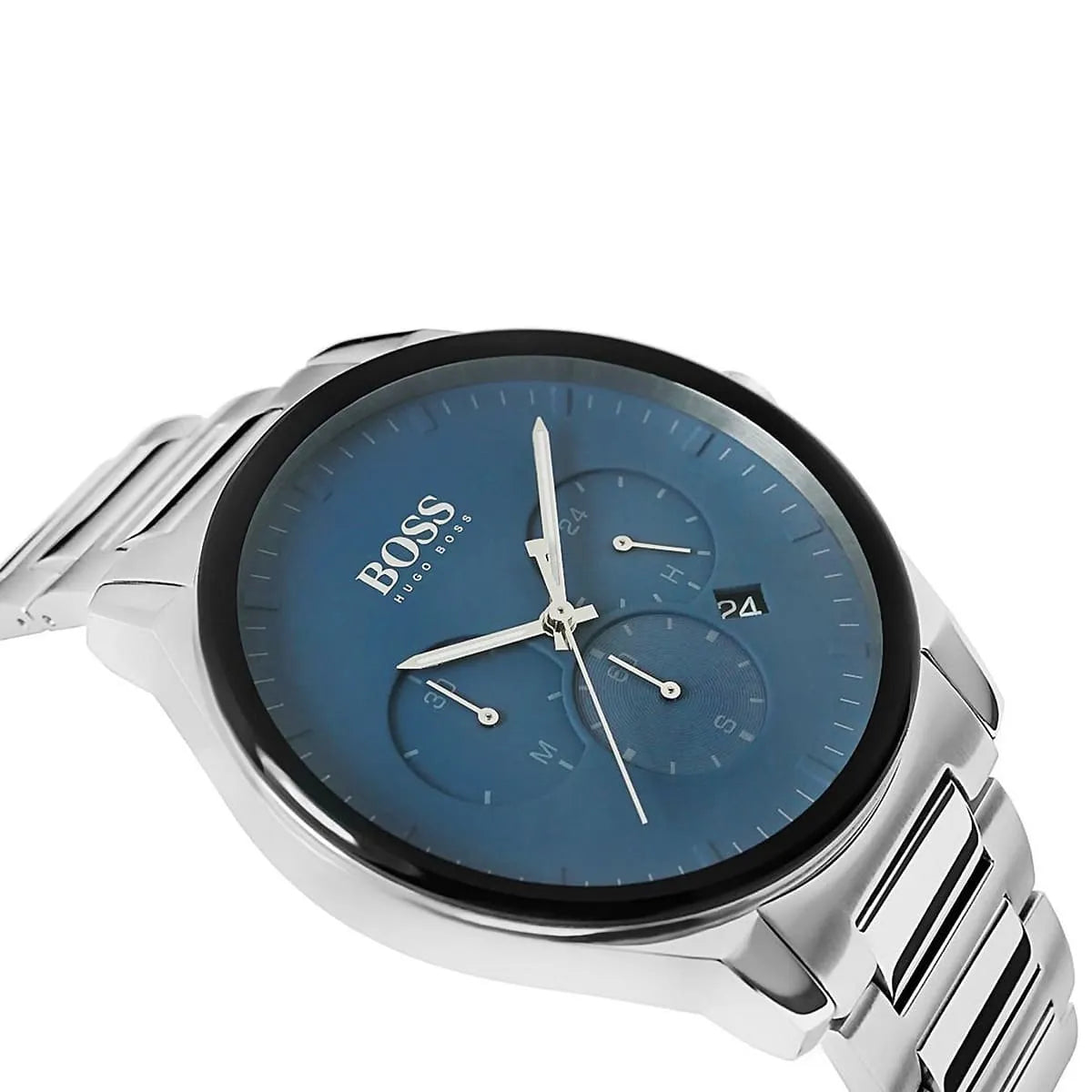 Left angled view of Hugo Boss Peak 1513763 showing blue dial detail and silver link bracelet water resistant 50m