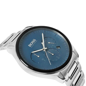 Left angled view of Hugo Boss Peak 1513763 showing blue dial detail and silver link bracelet water resistant 50m