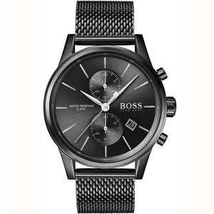 Front view of Hugo Boss Jet 1513769 men's watch with black dial and black stainless steel mesh bracelet.