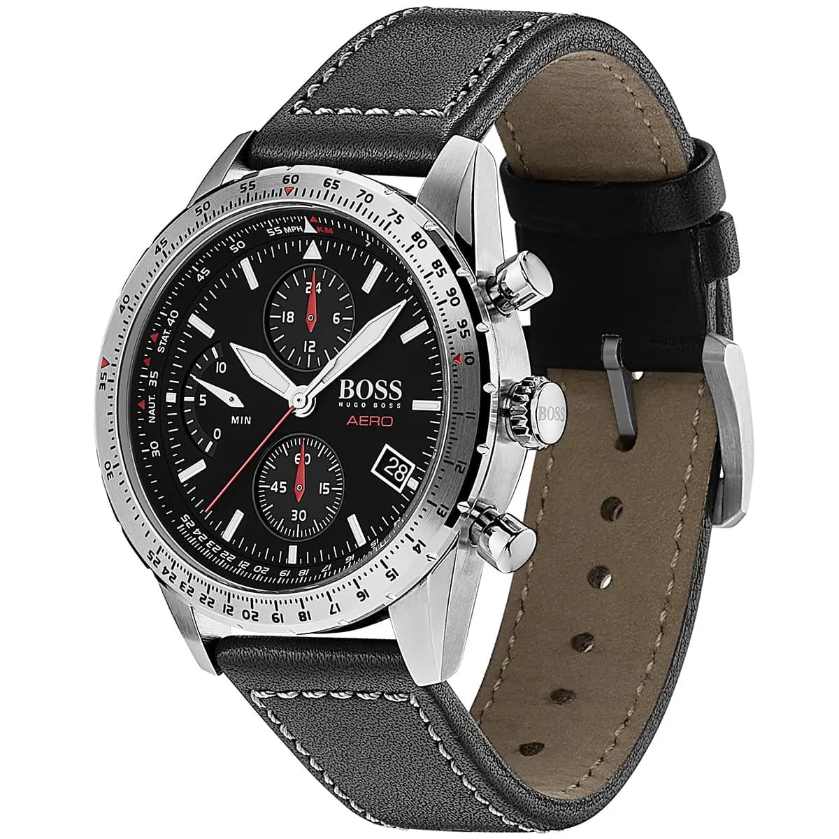 Right angled view of Hugo Boss Aero 1513770 highlighting black dial and silver case 50m water resistance