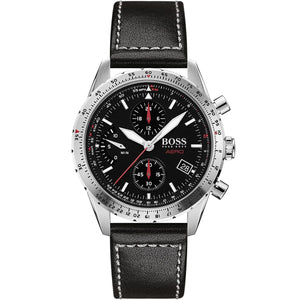 Hugo Boss Aero 1513770 men's watch with black sunray dial, silver stainless steel case, black leather strap, and 50m water resistance main view