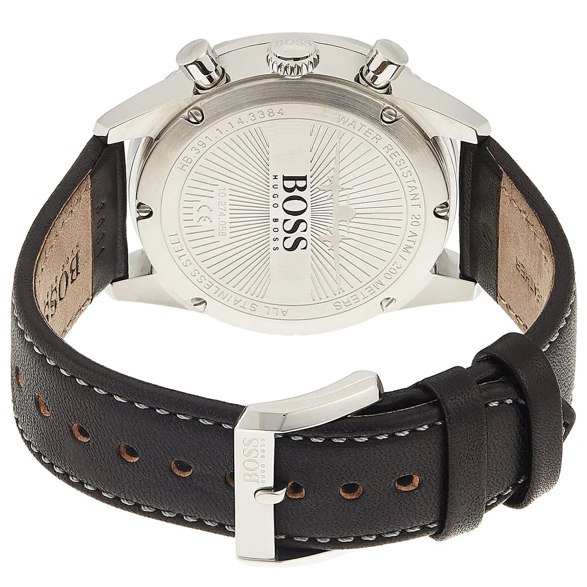 Caseback of Hugo Boss Aero 1513770 showing technical specs black dial and leather strap 50m water resistance