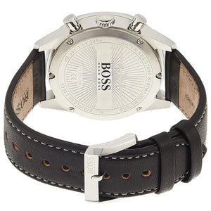 Caseback of Hugo Boss Aero 1513770 showing technical specs black dial and leather strap 50m water resistance