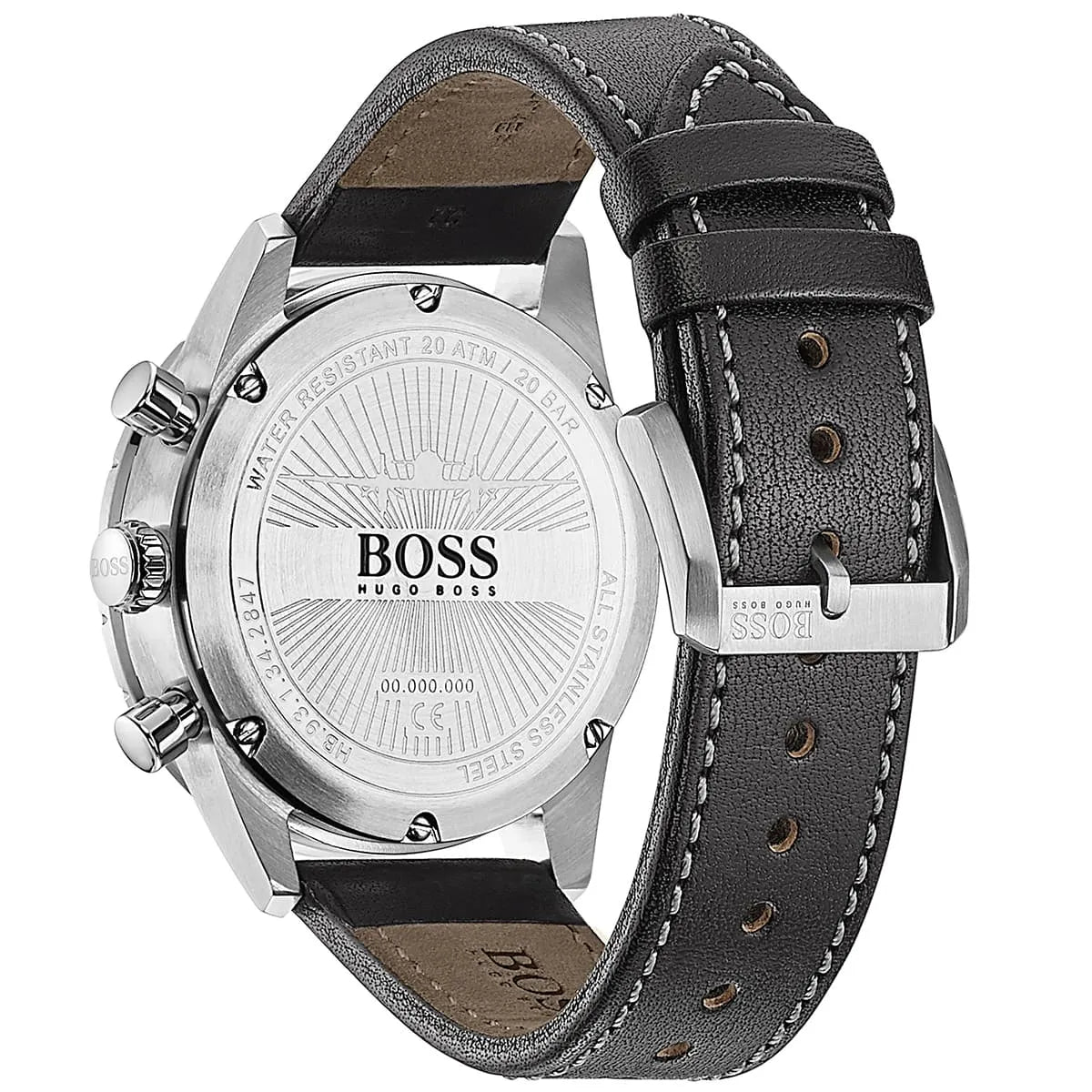 Caseback of Hugo Boss Aero 1513770 showing technical specs black dial and leather strap 50m water resistance