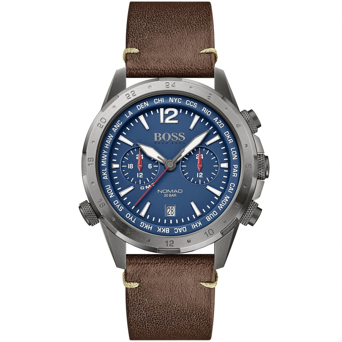 Hugo Boss Nomad 1513773 men's chronograph watch with gray case, blue dial, and brown leather strap