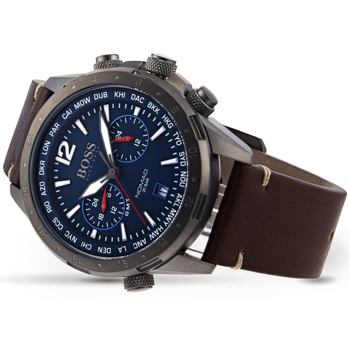 Angled view of Hugo Boss 1513773 highlighting the matte gray finish and the deep blue dial