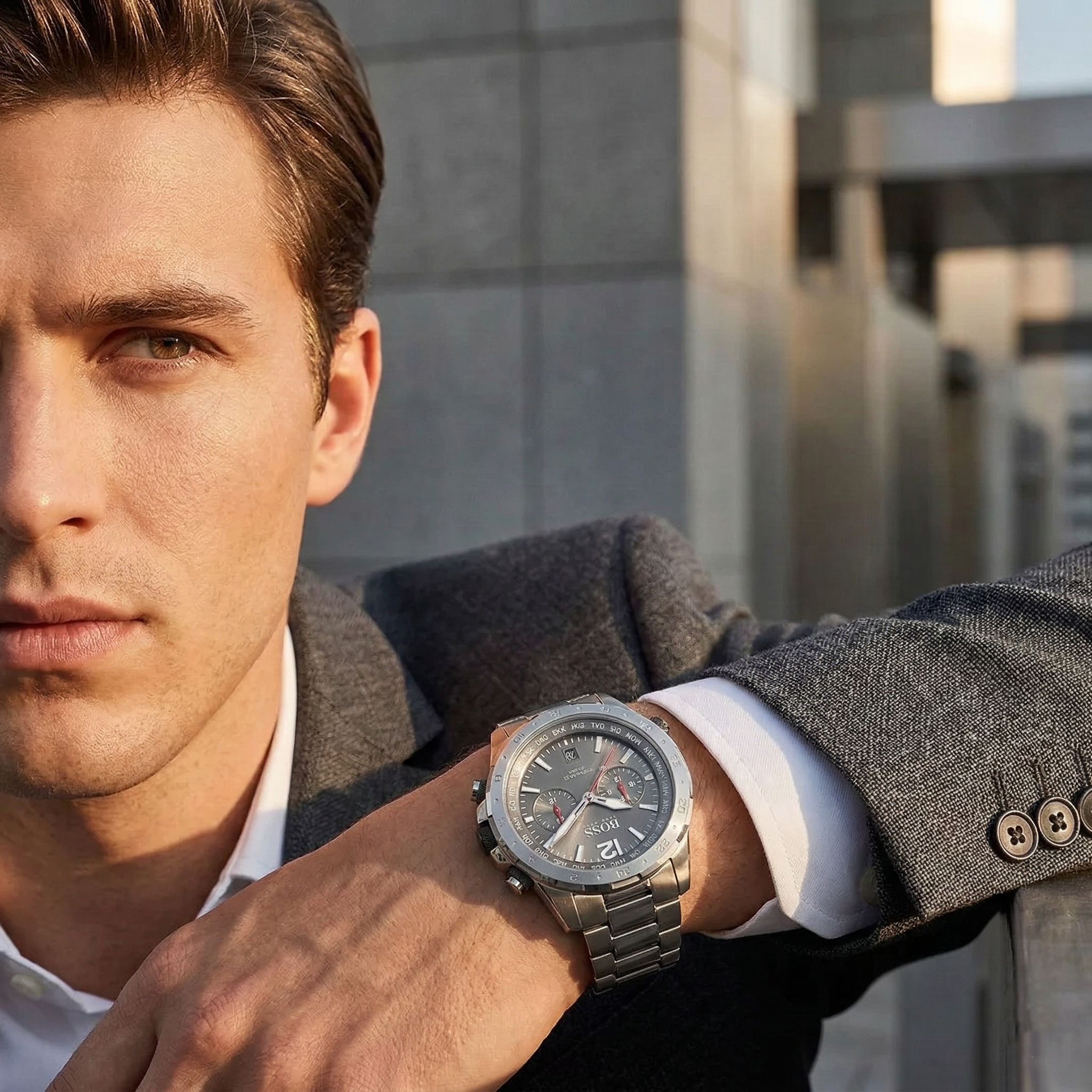 Professional man wearing Hugo Boss Nomad 1513774 with gray dial and silver metal link strap water resistant 50m