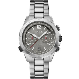 Hugo Boss Nomad 1513774 men's watch with gray sunray dial, silver metal link strap, and 50m water resistance main view