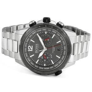 Left angled view of Hugo Boss Nomad 1513774 showing gray sunray dial detail and silver link bracelet water resistant 50m