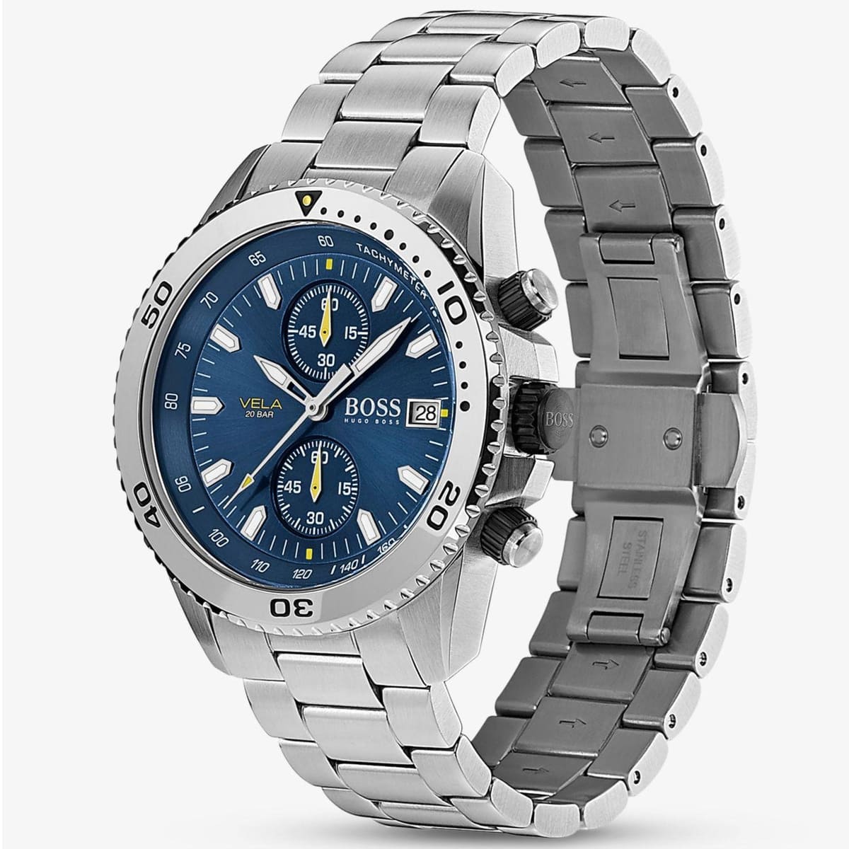 Left angled view of Hugo Boss Vela 1513775 showing blue sunray dial detail and silver link bracelet water resistant 50m