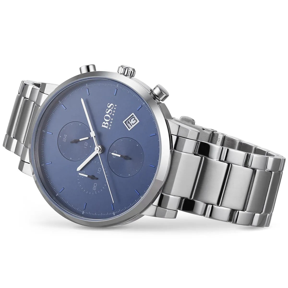 Detailed side view of the silver crown and chronograph buttons on the Hugo Boss 1513779