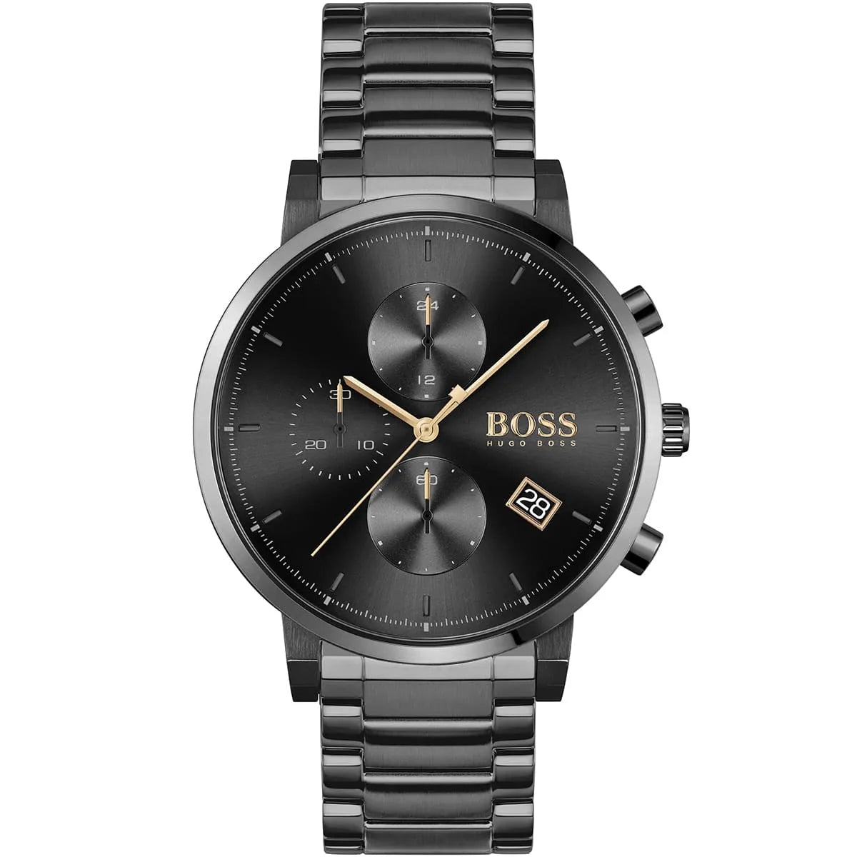 Front view of Hugo Boss Integrity 1513780 men's watch with black dial and black stainless steel bracelet.