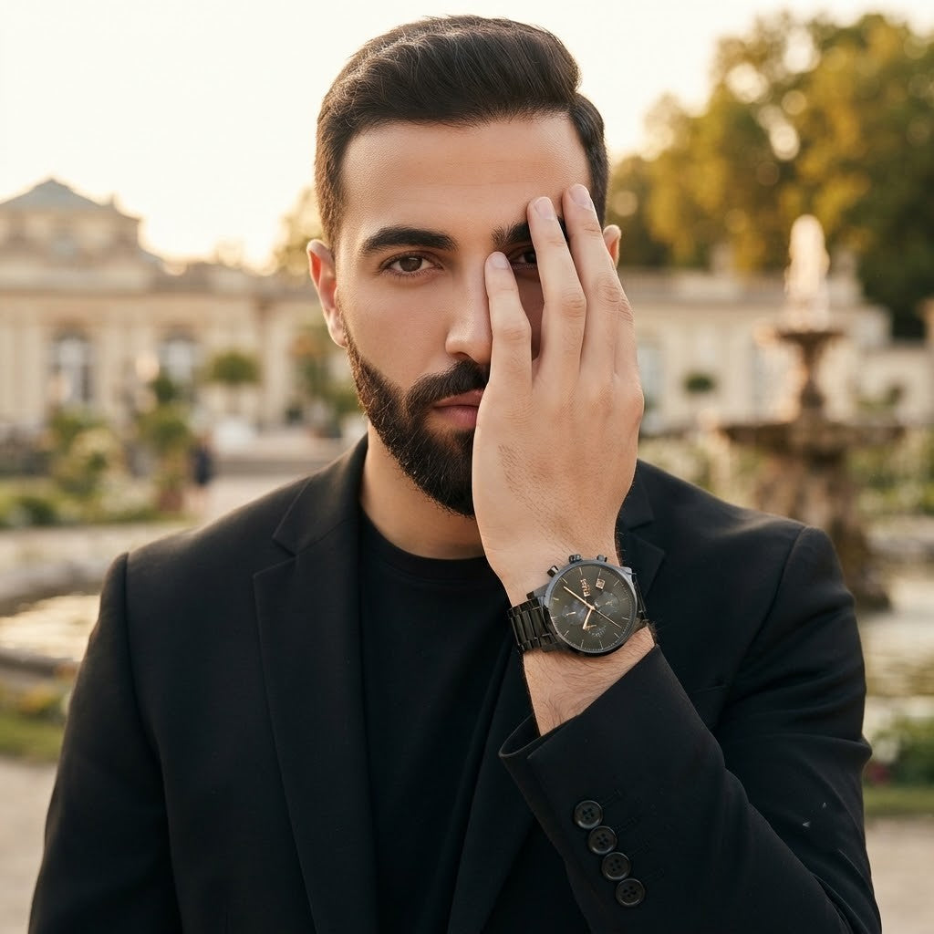 Lifestyle luxury shot featuring Hugo Boss Integrity 1513780 men's watch.