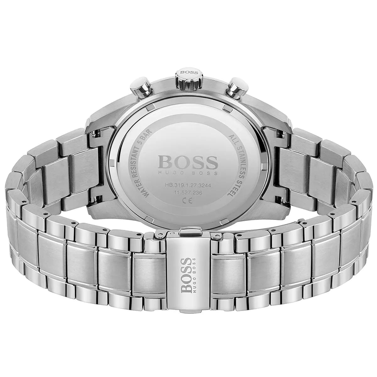 Caseback of Hugo Boss Skymaster 1513784 showing technical specs (HB.396.1.14.3399) blue dial and silver metal strap 50m water resistance