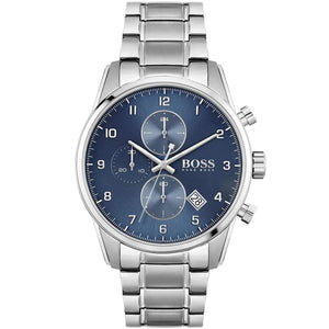 Hugo Boss Skymaster 1513784 men's watch with blue dial, silver metal link strap, and 50m water resistance main view