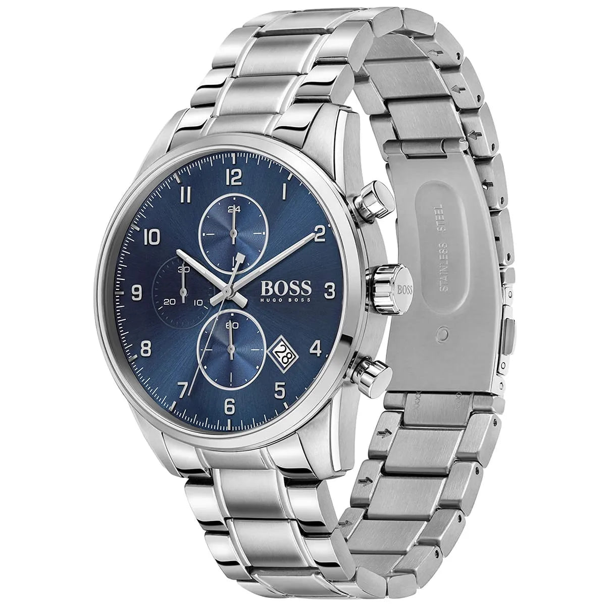 Left angled view of Hugo Boss Skymaster 1513784 showing blue dial detail and silver link bracelet water resistant 50m