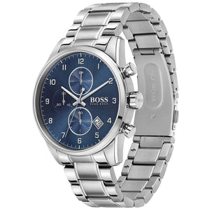 Left angled view of Hugo Boss Skymaster 1513784 showing blue dial detail and silver link bracelet water resistant 50m