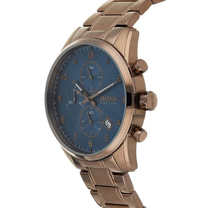 Left angled view of Hugo Boss Skymaster 1513788 showing blue dial detail and brown link bracelet water resistant 50m