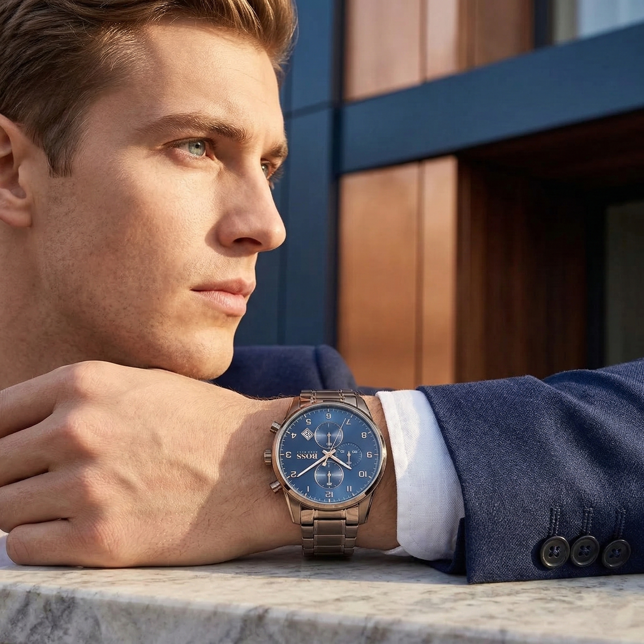 Professional man wearing Hugo Boss Skymaster 1513788 with blue dial and brown metal link strap water resistant 50m