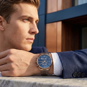 Professional man wearing Hugo Boss Skymaster 1513788 with blue dial and brown metal link strap water resistant 50m